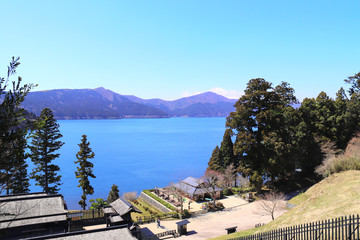 Volcanic Ashi lake and sacred mount Fuji, Hakone, Japan