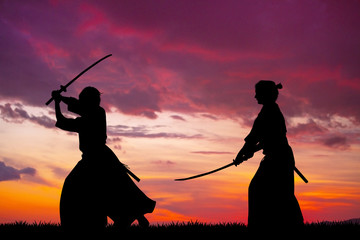 two Samurai with sword at sunset © adrenalinapura