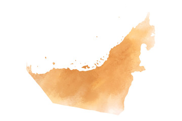 Colorful watercolor United Arab Emirate map on canvas background. Digital painting.