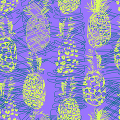 Sammer colorful seamless pattern with freehand drawn pineapple in sketch doodle style. Tropical doodle collection. Perfect for baby textile, wallpaper, wrapping paper, menu, cover design.