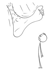 Vector cartoon stick figure drawing conceptual illustration of big bare foot stepping or stamping on small frustrated man or businessman.