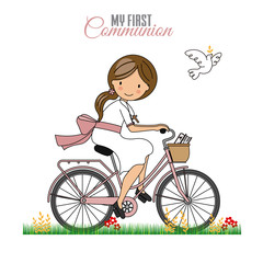 Card my first communion. Little girl on a bicycle