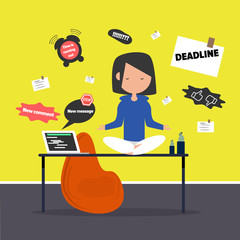 Meditation at the office. Calm character sitting in a lotus pose on a desk surrounded by the notifications. Flat cartoon design