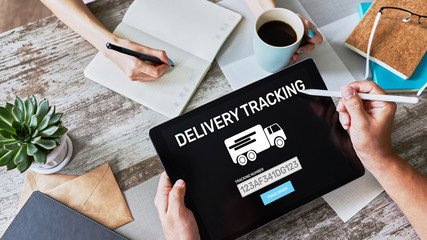 Delivery tracking form on device screen. E-commerce and business concept.