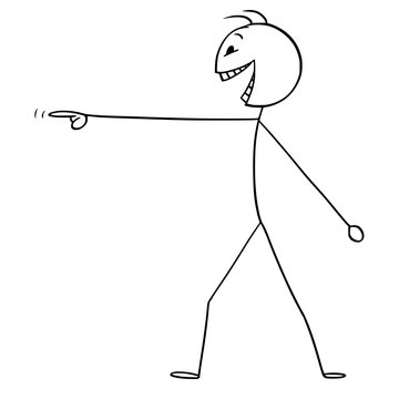 Vector cartoon stick figure drawing conceptual illustration of mad or crazy man or person pointing his finger and laughing.