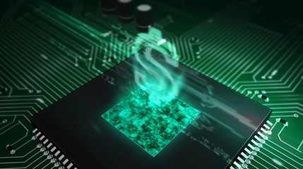 CPU on board with dollar sign hologram