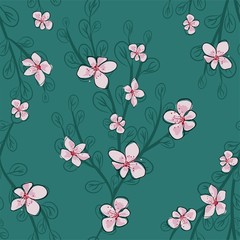 Branch with green leaves and sakura seamless vector illustration eps 10.
