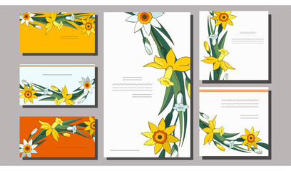 Fototapeta na wymiar Set of floral spring templates with cute bunches of white and yellow daffodils. Business card with narcissus. For romantic design, announcements, greeting wedding cards, posters, advertisement.