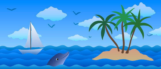 Vector illustration. Island in ocean, dolphin and sailing yacht in ocean waves.