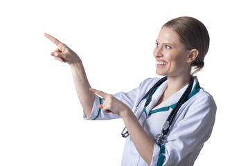 Female doctor pointing to the left on white background