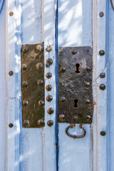 Parish Church of San Esteban entrance door detail at Villambistia, Province of Burgos, Castilla y Leon, Spain on the Way of St. James, Camino de Santiago