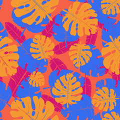 Fototapeta na wymiar Vector seamless neon pattern of palm leaves and tropical plants. Exotic background for seasonal design.