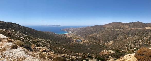 Panoramic view of Ios island landscape and countryside in Cyclades archipelago, Greece