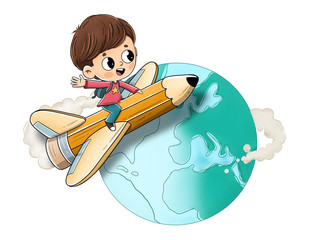 Niño volando sobre un lápiz alrededor del mundo