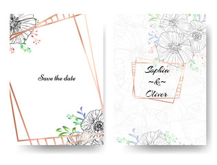 Beautiful modern invitation wedding template with gold frames and hand drawn poppy. Template on white background.