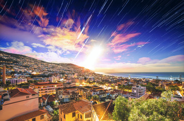 Beautiful long exposure stacked view of the skyline cityscape of the city Funchal on the island...