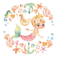 Mermaid Watercolor Surrounded by Frame of sea elements, Sea Horse, corals, bubbles, seashells, anchor, seaweeds. Ocean Kit. Young Underwater Woman Nymph Grace Mythology Princess.