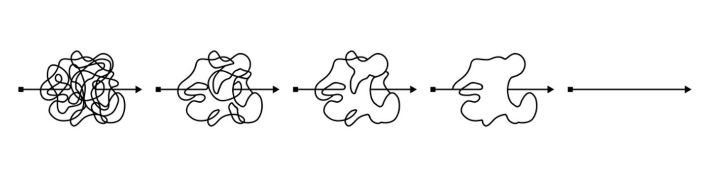 Insane Messy Black Line, Complicated Clew Way. Simplifying Confusion. Tangled Scribble Path. Simplification Chaotic Difficult Proces, Template. Vector Illustration