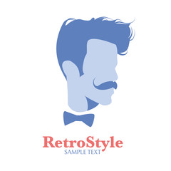 Icon or avatar of man face with mustache and bowtie in old style, isolated on white background