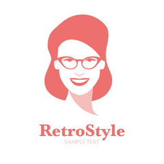 Icon of smiling woman with glasses in retro style, isolated on white background.