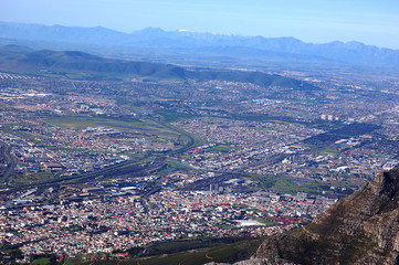 View on the city from Table Mountain, South Africa, Cape Town, with the ocean and mountains and the sky