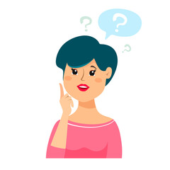 Thinking woman with question marks. Vector cartoon illustration on white background in flat style.