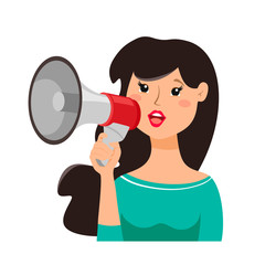 The girl screams in a megaphone. Vector illustration on white background.