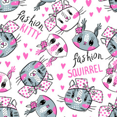 Seamless pattern with faces of cats and squirrel. Fashion girls. Kawaii animal. Vector illustration