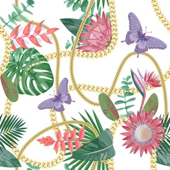 Behang Bloemen en juwelen Gouden kettingen naadloze patroon met tropische bloemen.