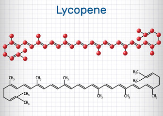 Lycopene molecule. Structural chemical formula and molecule model. Sheet of paper in a cage