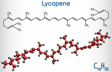 Lycopene molecule. Structural chemical formula and molecule model