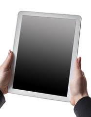 woman holds tablet in hands