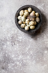Obraz premium Easter holiday concept.Quail eggs in a plate on a gray background. Holiday decoration with pears.Copy space for Text.