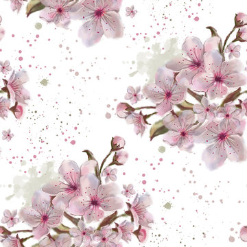Pink Flower Vignettes Seamless Pattern with Paint Splatter. Romantic Floral Design for Print, Background, Wrapping Paper, and Textile. 