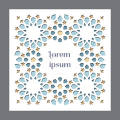 Cut out card. Colofrul vector template of card for invitation, celebration, save the date, wedding performed in arabic geometric tile and cut out paper.