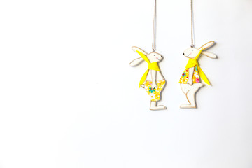 Easter background. Traditional  rabbit. Festive decoration isolated on white.Copy space for Text.