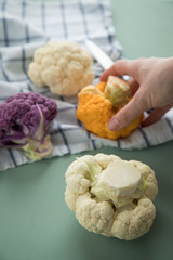 Frau bei Zubereitung von bunten Blumenkohl in Lila, Orange und Weiß auf Geschirrtuch mit Messer auf Pastell Grün Hintergrund