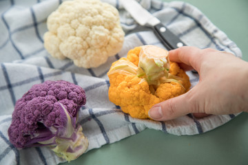 Frau bei Zubereitung von bunten Blumenkohl in Lila, Orange und Weiß auf Geschirrtuch mit Messer auf Pastell Grün Hintergrund