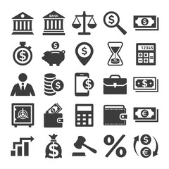 Business and finance icons set on white background.