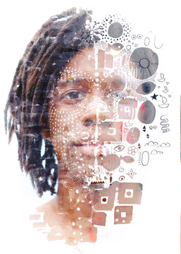 Paintography. Double exposure portrait of an african american man with dreadlocks and face paint combined with hand drawn ink paintings with geometry, symbols and patterns