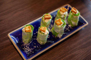 fresh vegetable salad roll , with mixed tuna , crab , Chicken for weight loss, Healthy lunch .