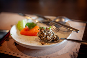 Dish delicious Black Truffle Risotto . Traditional Italian risotto Blending with Truffle mushrooms and cheese top Luxury menu .