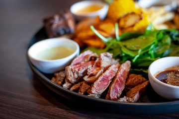 Variety delicious juicy Beef steak foremost types .