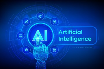 AI. Artificial intelligence. Machine learning, Big data analysis and automation technology in business and industrial manufacturing concept. Hand touching digital interface. Vector illustration.