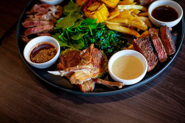 Variety delicious juicy Beef steak foremost types .