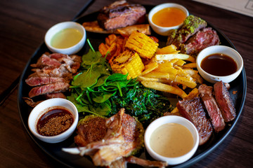 Variety delicious juicy Beef steak foremost types .