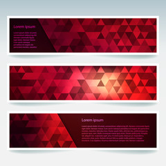 Horizontal banners set with polygonal triangles. Polygon background, vector illustration. Red, purple colors.