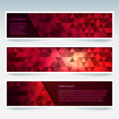 Fototapeta premium Horizontal banners set with polygonal triangles. Polygon background, vector illustration. Red, purple colors.