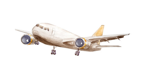 Watercolor white cargo plane with one turbine on wings and a yellow tail flies up into the air isolated on a white background for an illustration of logistics, freight traffic