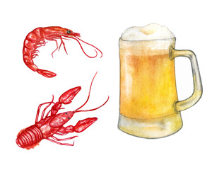 watercolor illustration with beer and sea food. Shrimp and crayfish. Light beer - summer drink